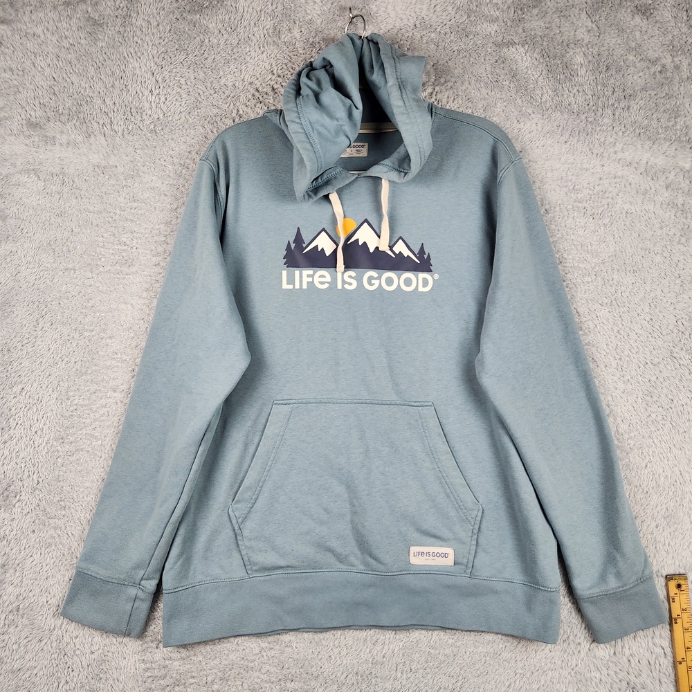 Life Is Good Hoodie Mens Large Blue Mountain Graphic Gorpcore Camp Hike Kangaroo